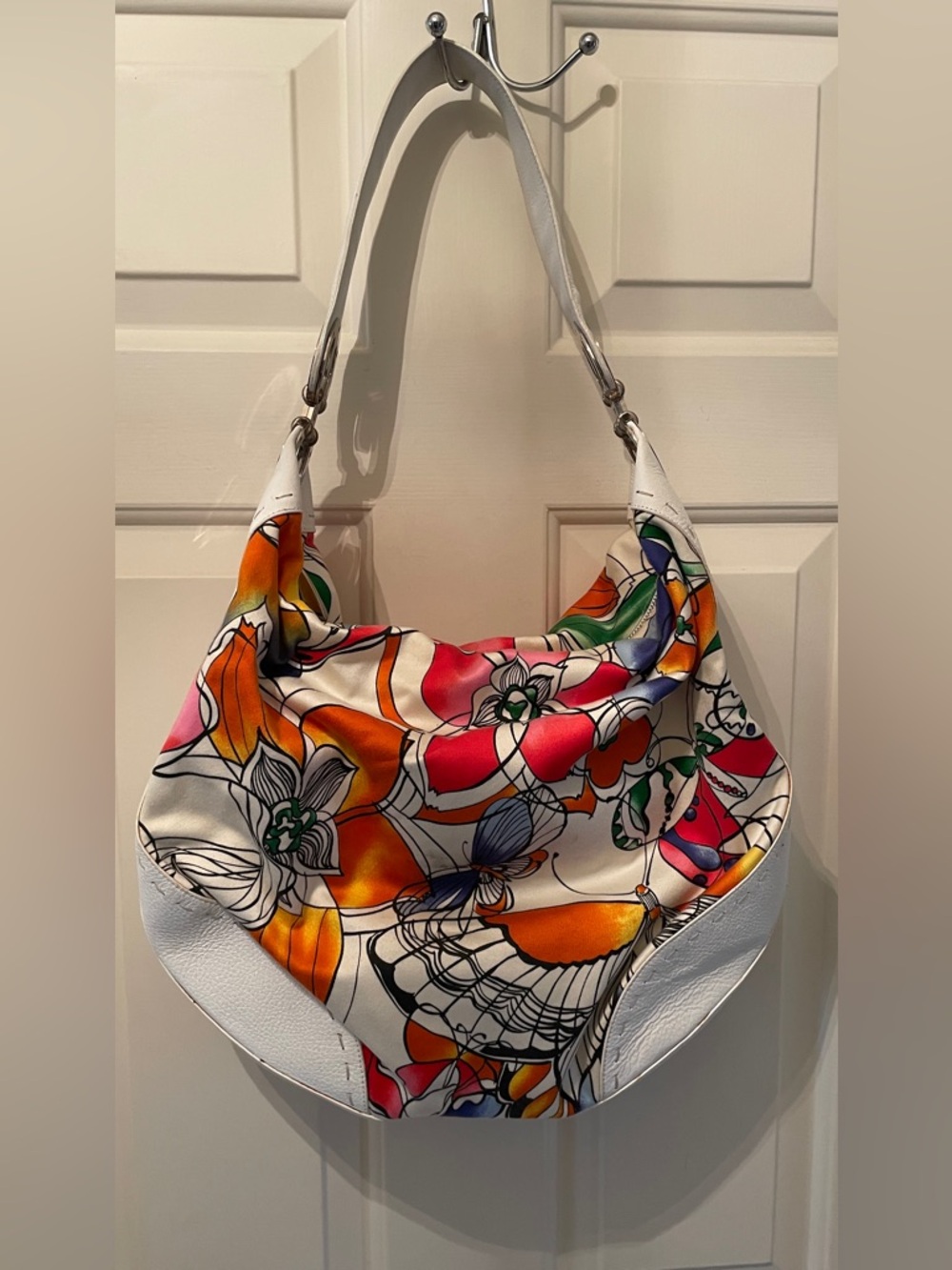 Escada Vintage Floral Hobo Bag White Leather Trim Butterfly Print Italy